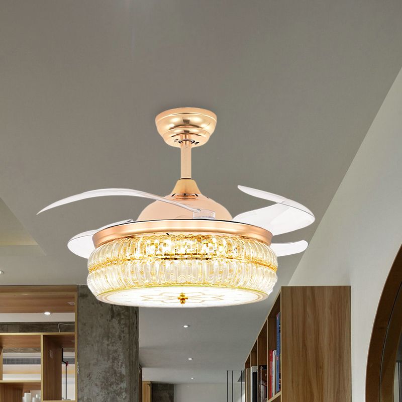 Snijd Crystal Gold Semi Flush Mount Light Drum 4 Blades 42,5 "brede modernistische LED -plafondventilator