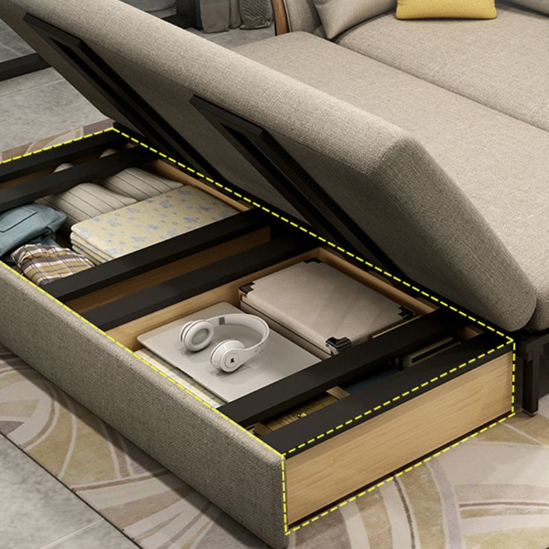 Flared Arm Sofa Bed Gray Linen Sewn Pillow Back Folding Sofa with Storage