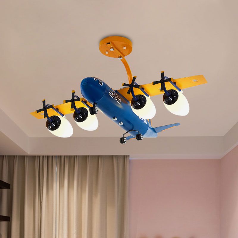 Airplane Kids Room Semi Flush Light Metallic 4 Lights Cartoon Flush Mount with Bullet Opal Glass Shade in Blue/Yellow
