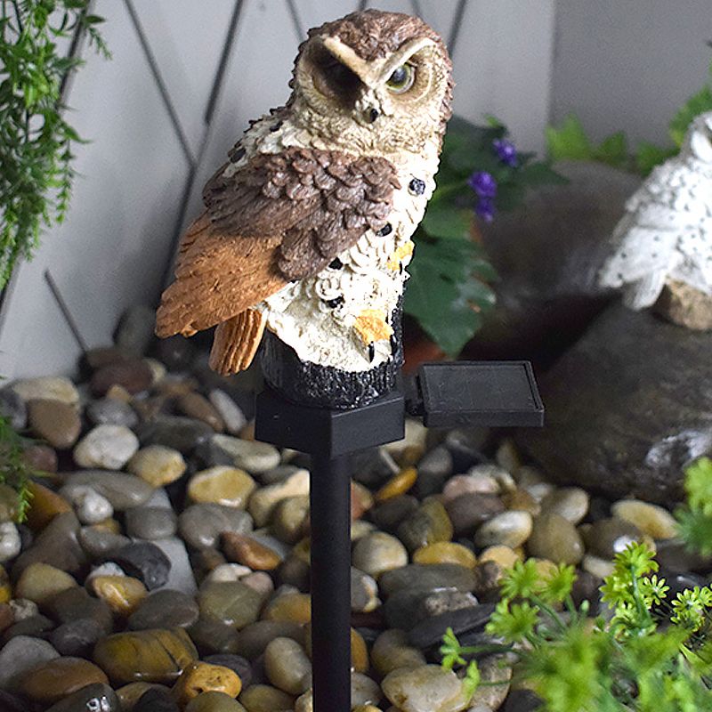 Owl Resin Solar LED Path Light Modern Brown/White LED Ground Plug Lamp for Outdoor Courtyard