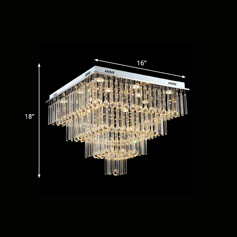 12 Bulbs Flushmount Lighting Simple Style Tiered Square Flute Crystal Ceiling Mount Light in Chrome