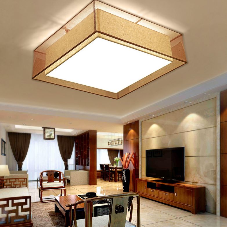 Brown Square Ceiling Light in Traditional Concise Style Wrought Iron Flush Mount with Fabrics Shade
