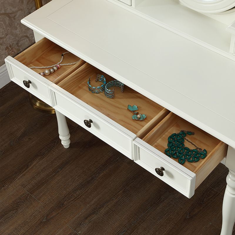 Traditional Mirrored Make-up Vanity Rubber Wood Dressing Table Stool Set
