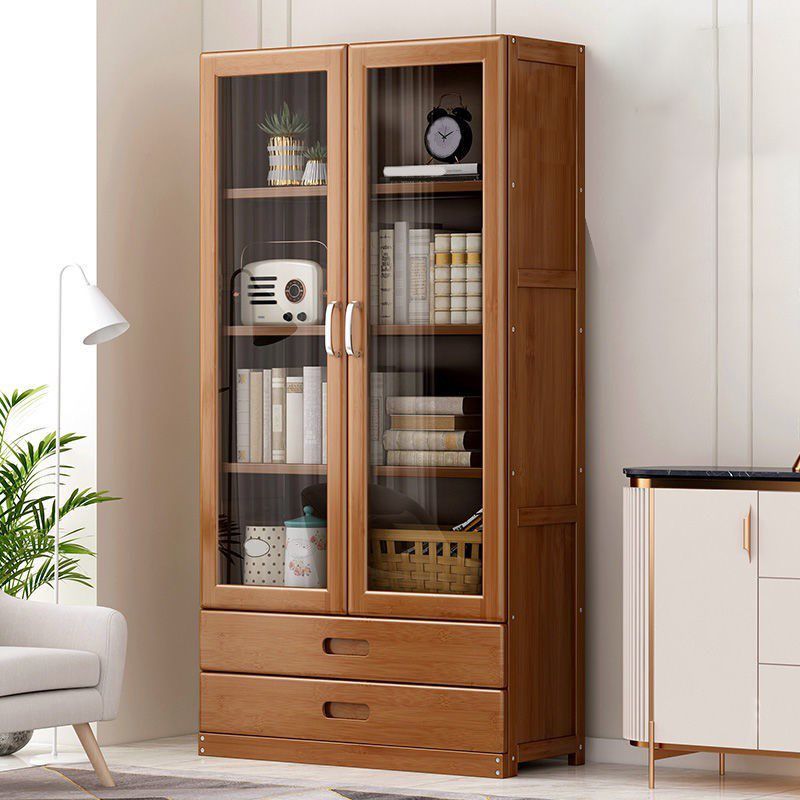 Manufactured Wood Standard Bookshelf Brown Vertical Bookcase with Door and Drawer