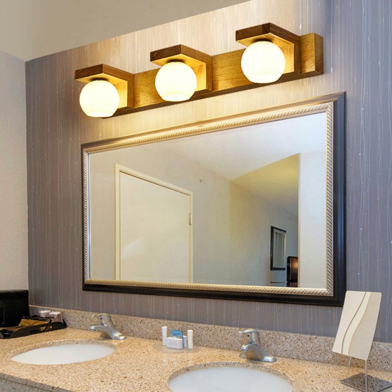 Wood Ball Mirror Wall Light Modern Multi Lights Wall Mounted Light Fixture in Brown