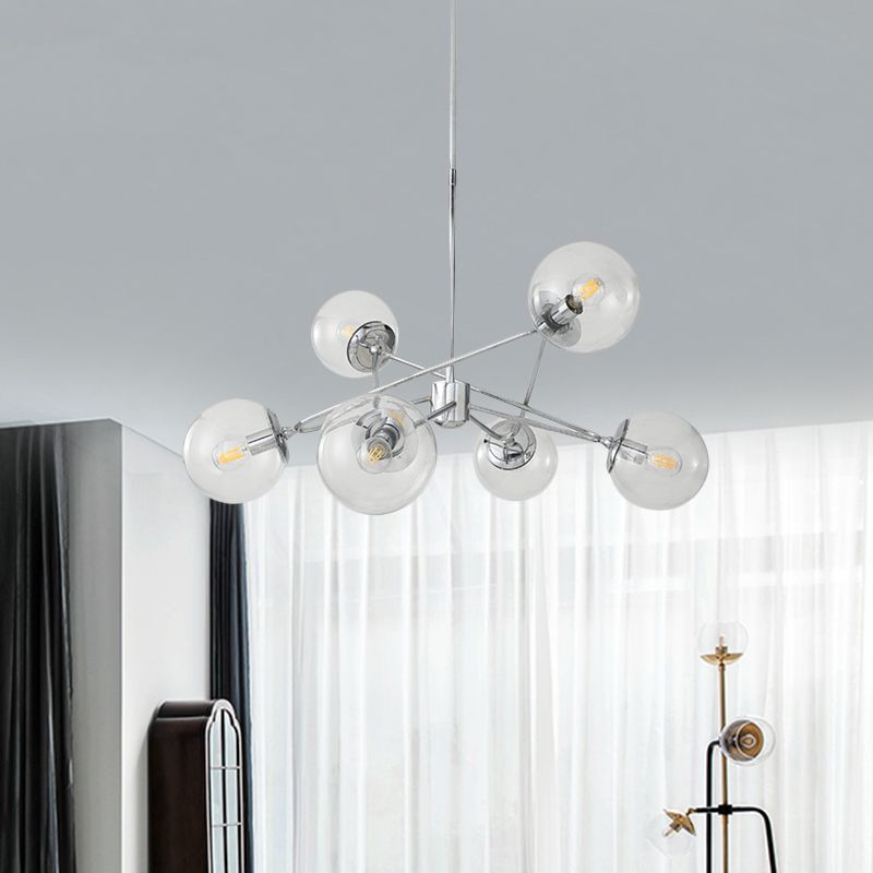 6 têtes de chambre à coucher lustre moderne chromée suspendue plafond plafonnier avec une teinte en verre transparent orbe