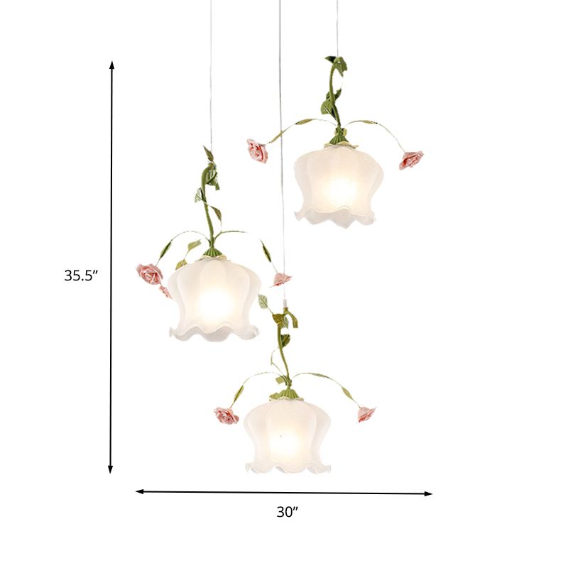 Milk Glass Scalloped Multi Light Pendant Pastoral 3 Bulbs Restaurant Suspension Lighting Fixture in Green with Round/Linear Canopy