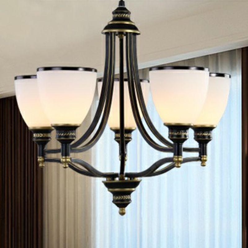 Bell Living Room Ceiling Lighting Traditional Opal Glass Black Chandelier Light Fixture