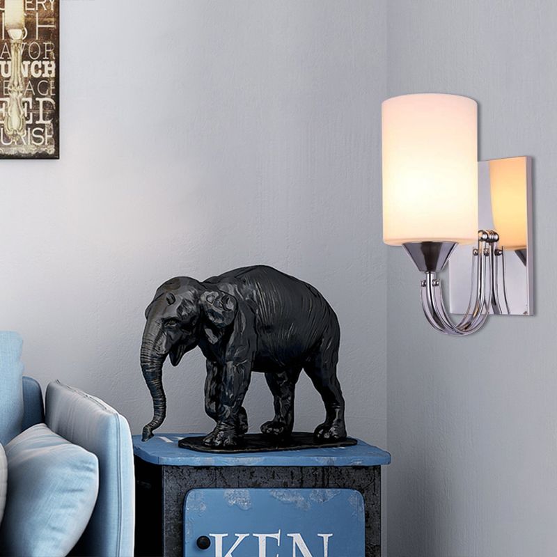 Silver Cylindrical Sconce Lighting Modernist 1 Light White Glass Wall Mounted Lamp with Curved Arm