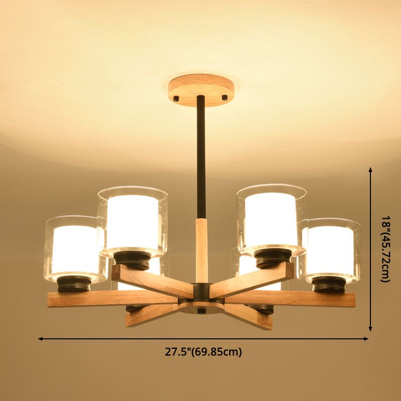 Cylinder Chandelier Lighting Fixtures Modern White Glass Suspension Light With Wooden Stand for Living Room