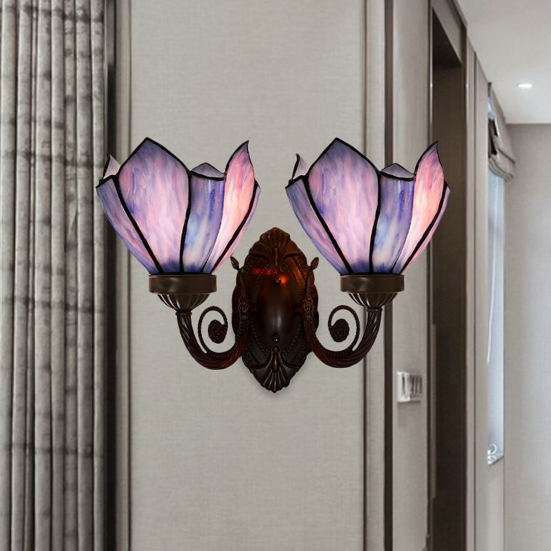 Petal Wall Sconce 2 Lights White/Pink Glass Mediterranean Wall Lighting Fixture with Swirl Arm for Living Room