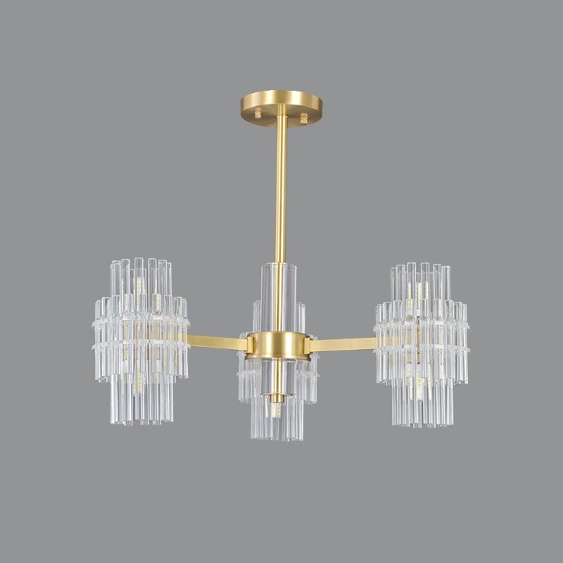 6-Light Semi Mount Lighting Postmodern Cylinder Clear Crystal Rods Close to Ceiling Light in Gold