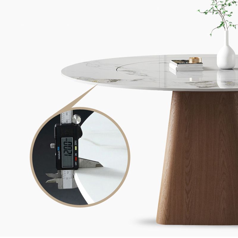 Modern Stone White Dining Table Round Furniture with Solid Wood Pedestal Base