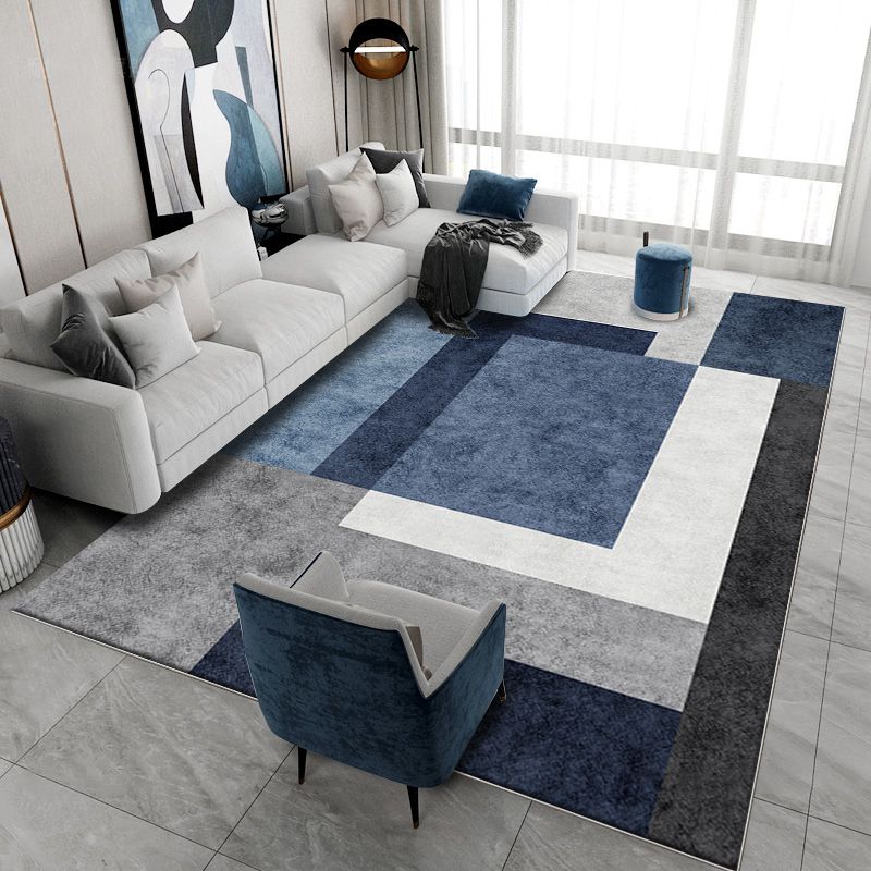 Blue Modern Carpet Polyester Geometric Print Area Rug Anti-Slip Washable Rug for Living Room