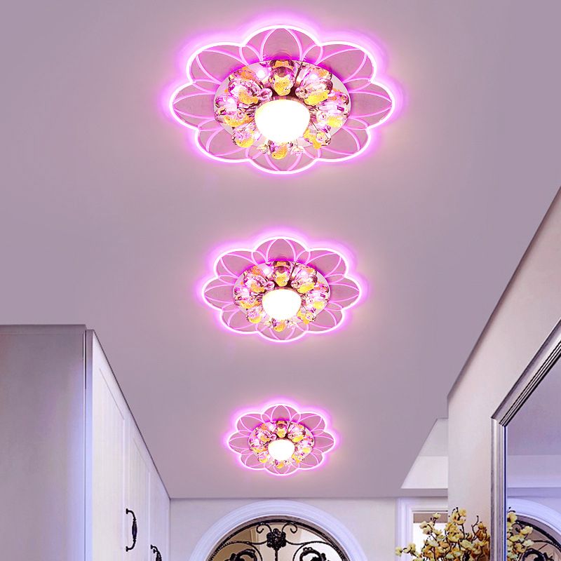 Modernist Flower Ceiling Flush LED Beveled Crystal Flush Mount Lighting Fixture with Fish Design in Warm/Blue/Pink Light