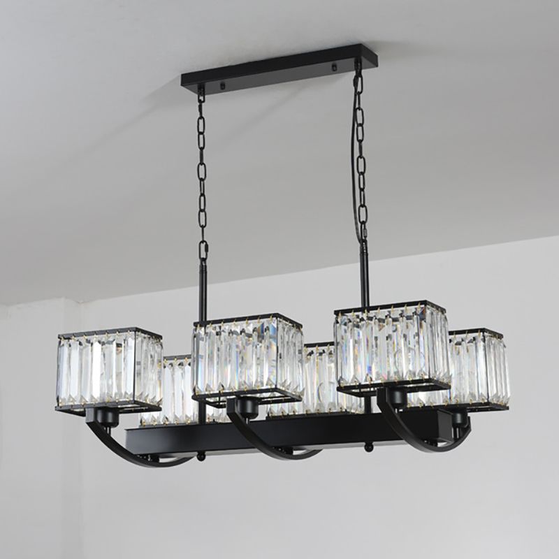 6/8 Bulbs Rectangle Chandelier Light Contemporary Crystal Hanging Lamp in Black with Adjustable Chain