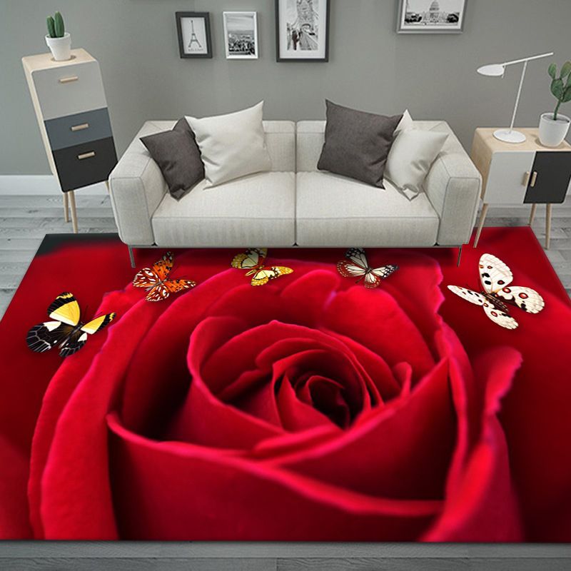 Dark Red Rose Carpet Polyester Modern Carpet Stain Resistant Carpet for Home Decor