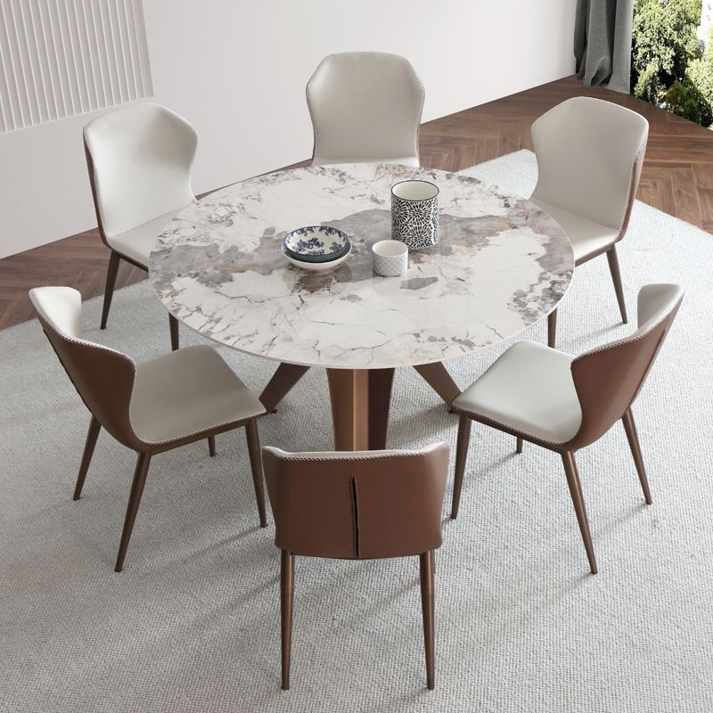 Nordic Sintered Stone Table Set of 5/7 with Rotatable Round Table Dining Set with Leather Chairs