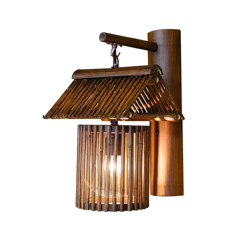 Bruin/houten huisvormige muurlicht SCONCE LODE Stijlvol 1 lichte bamboe sconce lamp voor balkon