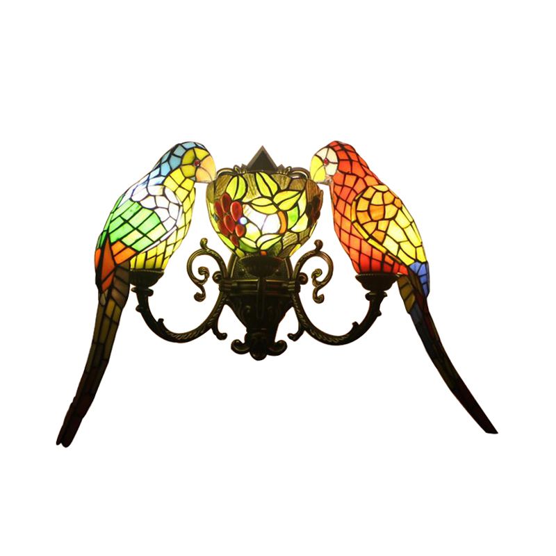 Stained Glass Parrots Wall Lighting 2 Lights Tiffany Rustic Wall Sconce Light with Bowl Shade in Antique Bronze