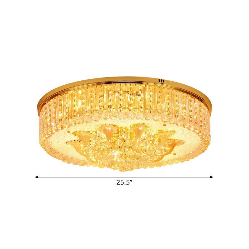 5 Heads Round Flush Light Fixture Modern Gold Clear Beveled Crystal Stands Ceiling Lighting