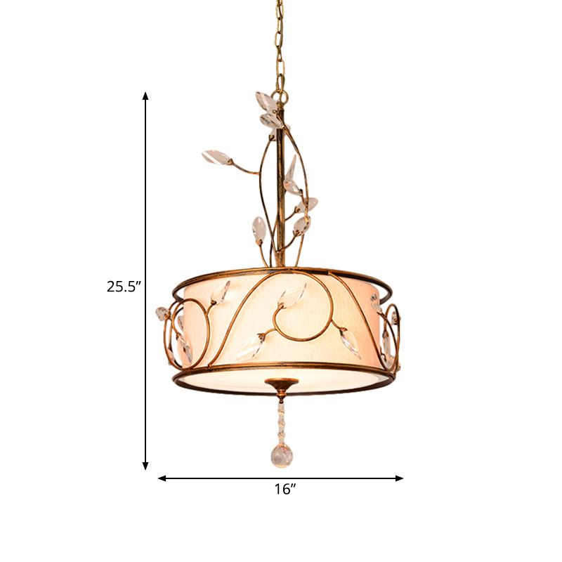 Chandelier de plafond en or de fer 16 "/19,5" Dia 3-Light Round Round Antique Suspension Pendeur avec accent en cristal et ombre de tissu