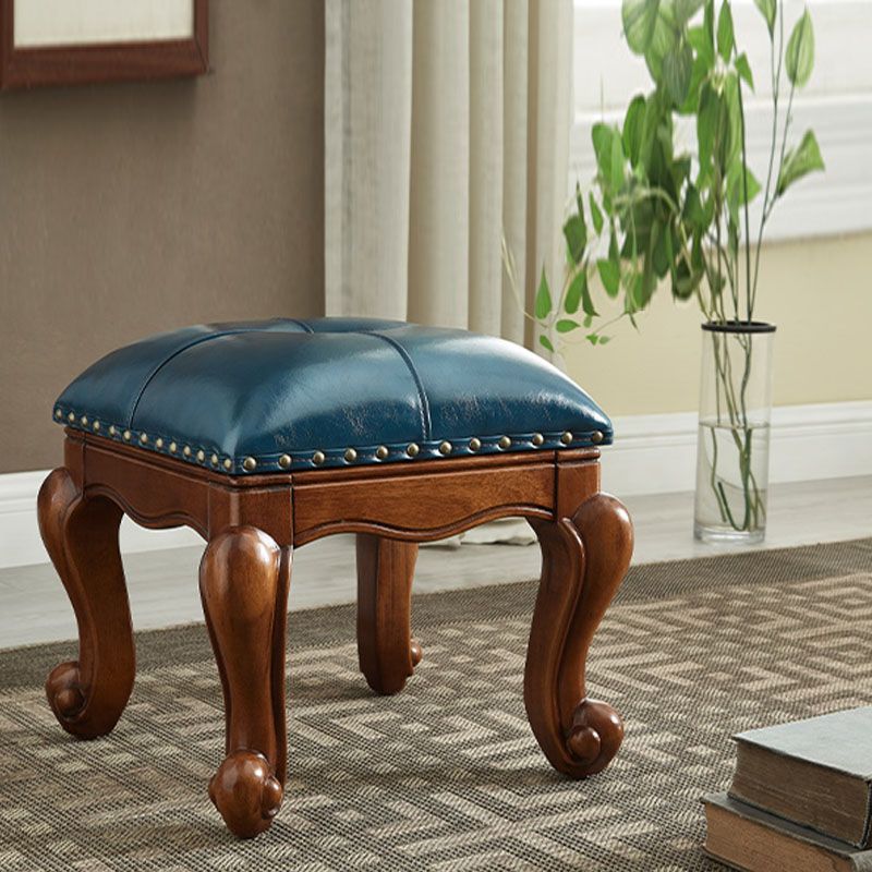 Mid-Century Modern Pouf Ottoman Genuine Leather Tufted Nailhead Trim Rectangle Ottoman