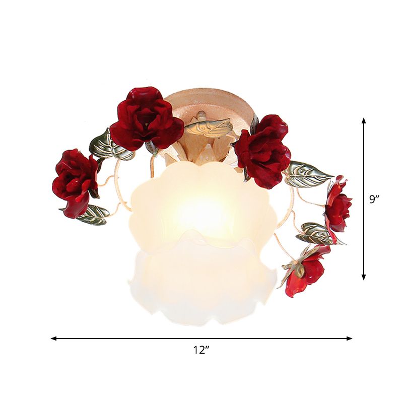 Korean Garden Ruffle Semi Flush Mounted Lamp 1-Light Frost White Glass Ceiling Light with Red Rose Deco