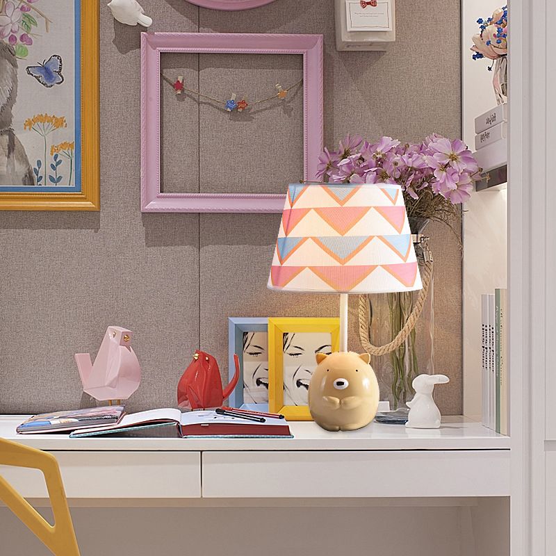 Bear Nightstand Lamp Kids Resin 1��Bulb Bedroom Table Lighting with Tapered Fabric Shade in Apricot