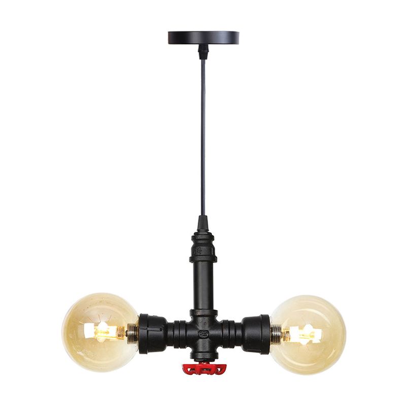 2 Bulbs Chandelier Pendant Lighting Vintage Sphere Amber/Clear Glass Hanging Lamp Fixture in Black