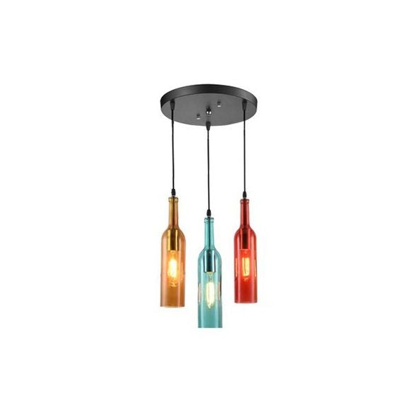 3 Lights Hanging Light with Wine Bottle Glass Shade Industrial Bar Pendant Lamp in Black, Round/Linear Canopy