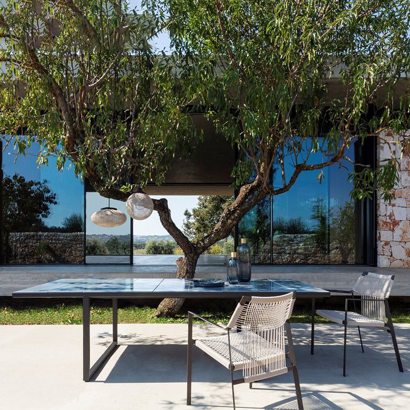 Industrial Outdoors Dining Chairs with Rattan Back and Aluminum Base