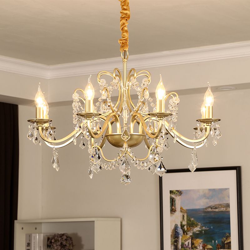 Luz de la vela de acabado dorado Luz de comedor de cristal tradicional accesorio de iluminación suspendida