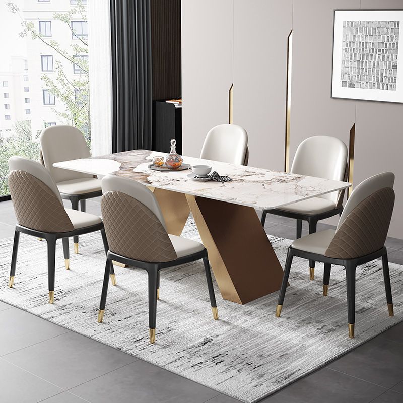 Mesa de comedor rectangular de lujo tradicional mesa sinterizada con pedestal doble dorado