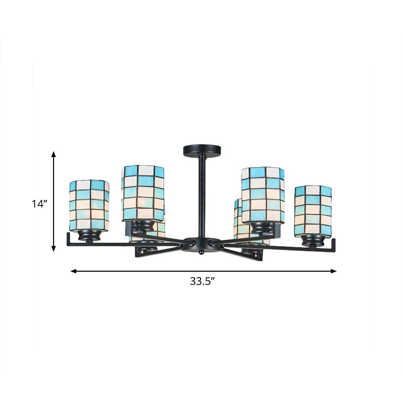 Stained Glass Black/White Semi Mount Lighting Cylinder 3/6/8 Lights Baroque Ceiling Mounted Light