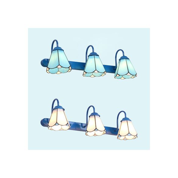 Conical Vanity Light Fixture Tiffany White/Blue Glass 3 Heads Wall Mount Light for Bathroom