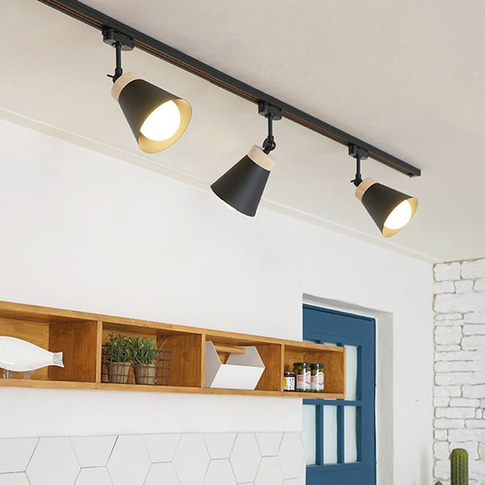 Nordic Modern Ceiling Track Lighting Cone Shaped Shade Solid Wood Spotlight for Living Room Background Wall and Clothing Store