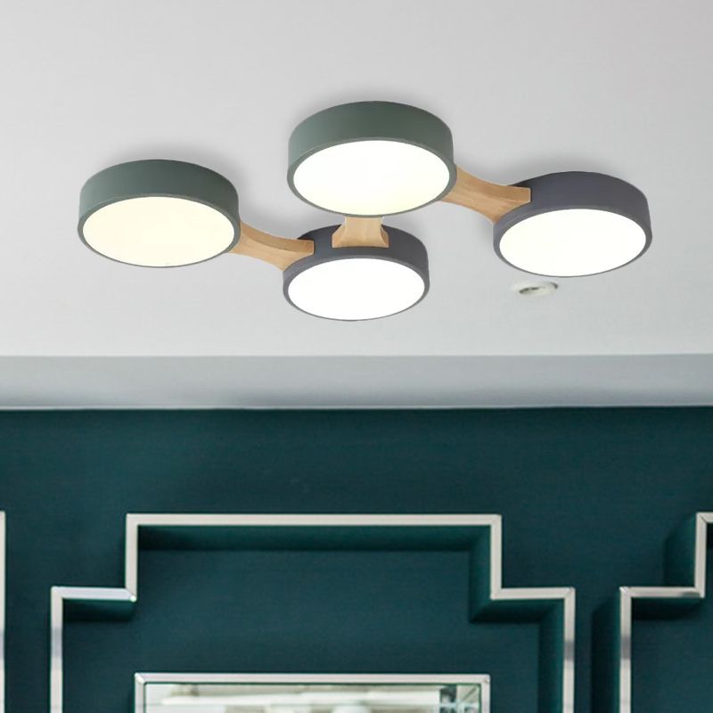 Ronde plafondlamp van hout en metaal, Scandinavisch 3/4/5-lichts grijs plafondverzonken plafond voor slaapkamer in warm/wit