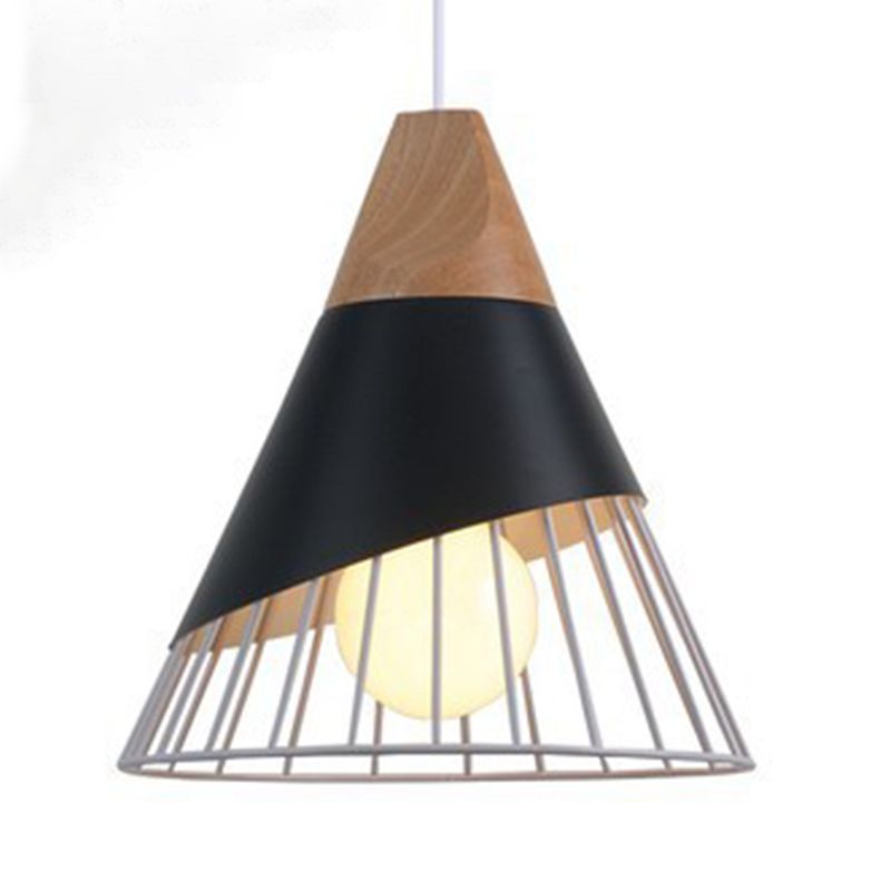 Wooden Handle Pendant Lamp, Macaroon Conical Shade 1-Light Pendant Lighting with Cage