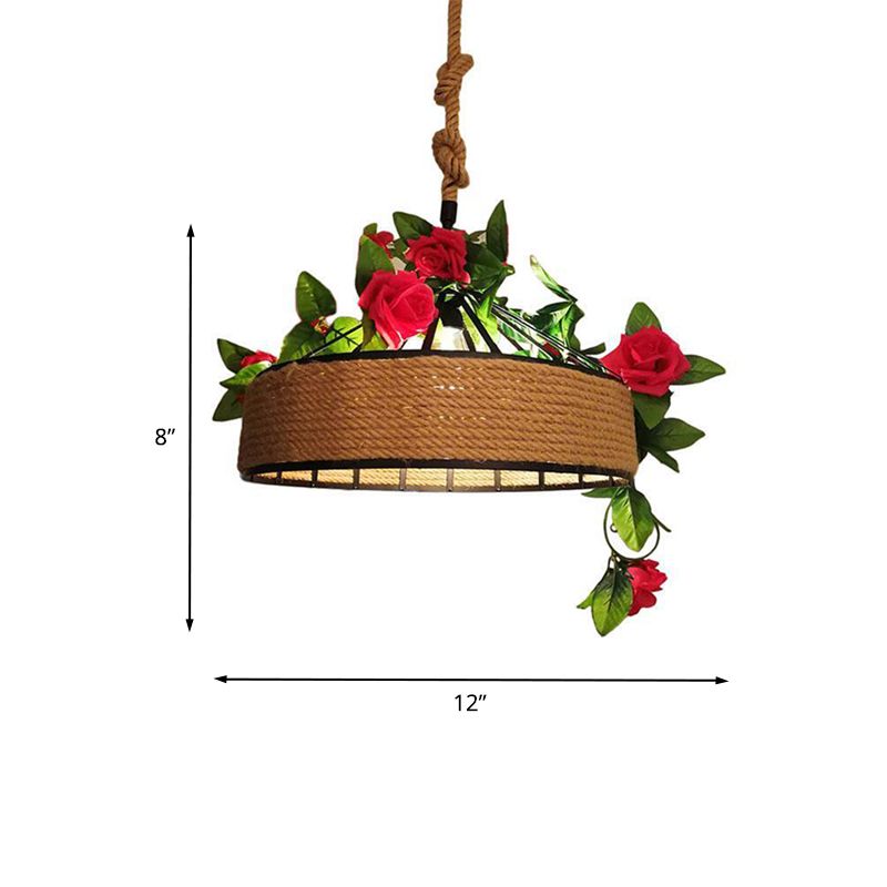 Factory Round Cage Drop Pendant 1-Bulb Hemp Rope Flower Hanging Light Fixture in Black, 12"/16"/19.5" Wide