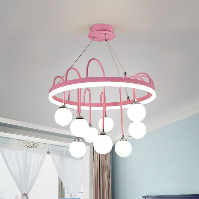 Rounded Hanging Lamp Kids Metal 9-Light Pink Chandelier Lighting with Frosted Glass Shade
