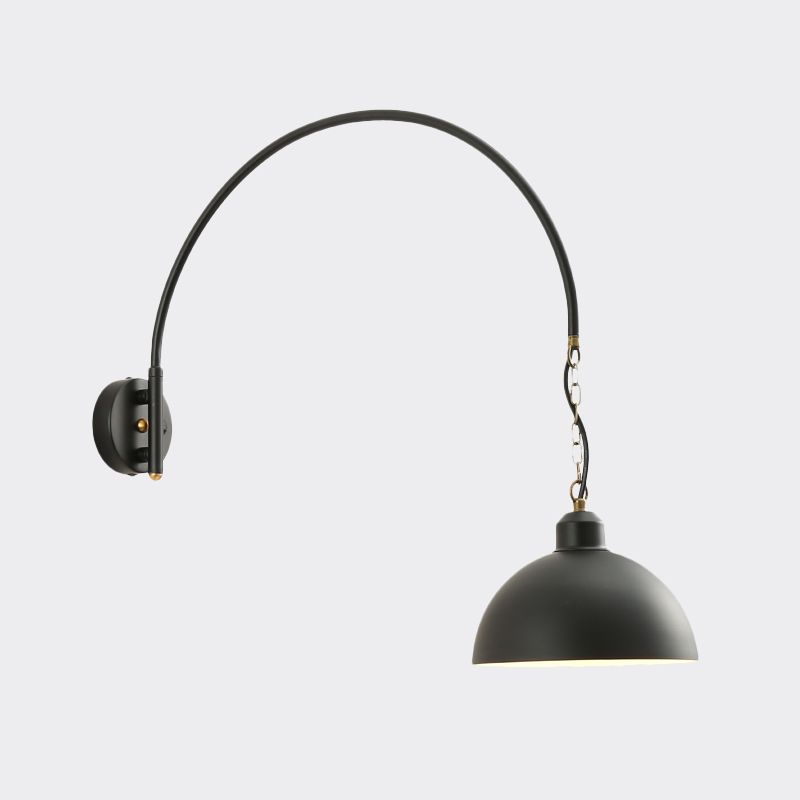 1 Bulb Wall Mount Light Fixture Warehouse Dome Metallic Wall Lamp Sconce in Black with Curved Arm