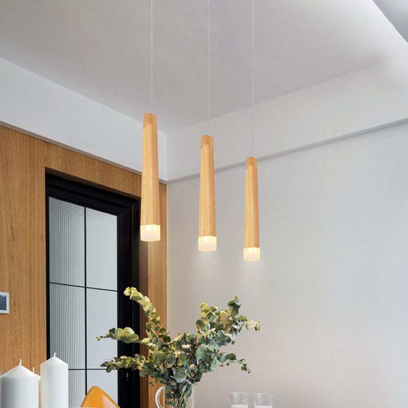 3/5 Heads Dining Room Multi Pendant Minimalist Beige Suspension Light with Square Bar Wood Shade