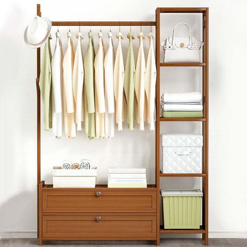 Contemporary Style Wardrobe Armoire Bamboo Armoire with Clothes Rail for Home