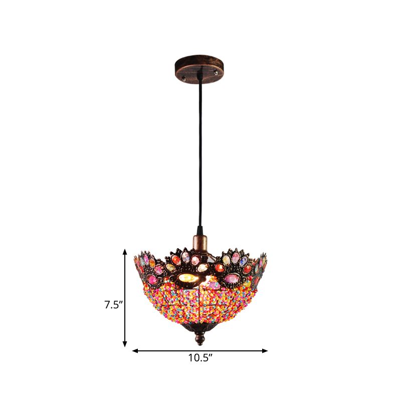 Bohemian Bowl Hanging Light Fixture 1 Light Metal Drop Pendant in Rust for Restaurant