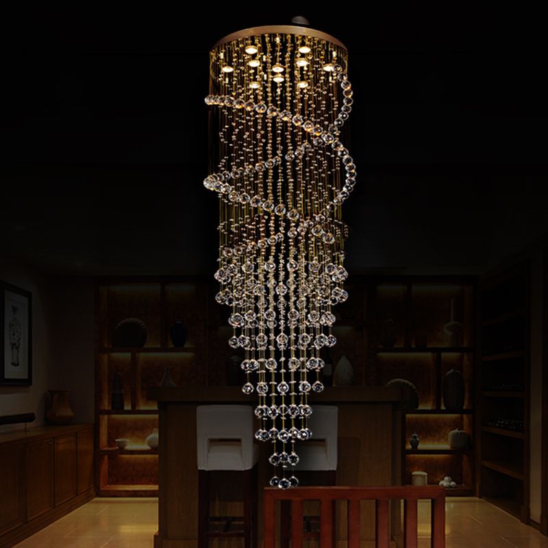 10-Head Spiral Cascades Hanging Lamp Modernism Brass Clear Crystal LED Multi Light Pendant