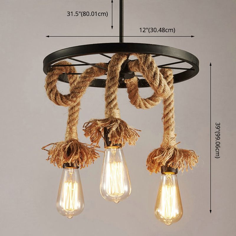 Lámpara de araña colgante negro de estilo retro de la rueda de la cuerda del lámpara de iluminación de la lámpara