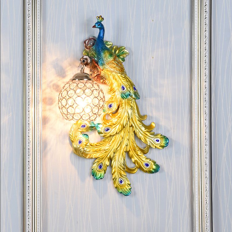 1 Light Blue/Gold Peacock Wall Lamp Country Resin 1/2-Pack Sconce Lighting with Crystal Globe Shade, Double/Right/Left