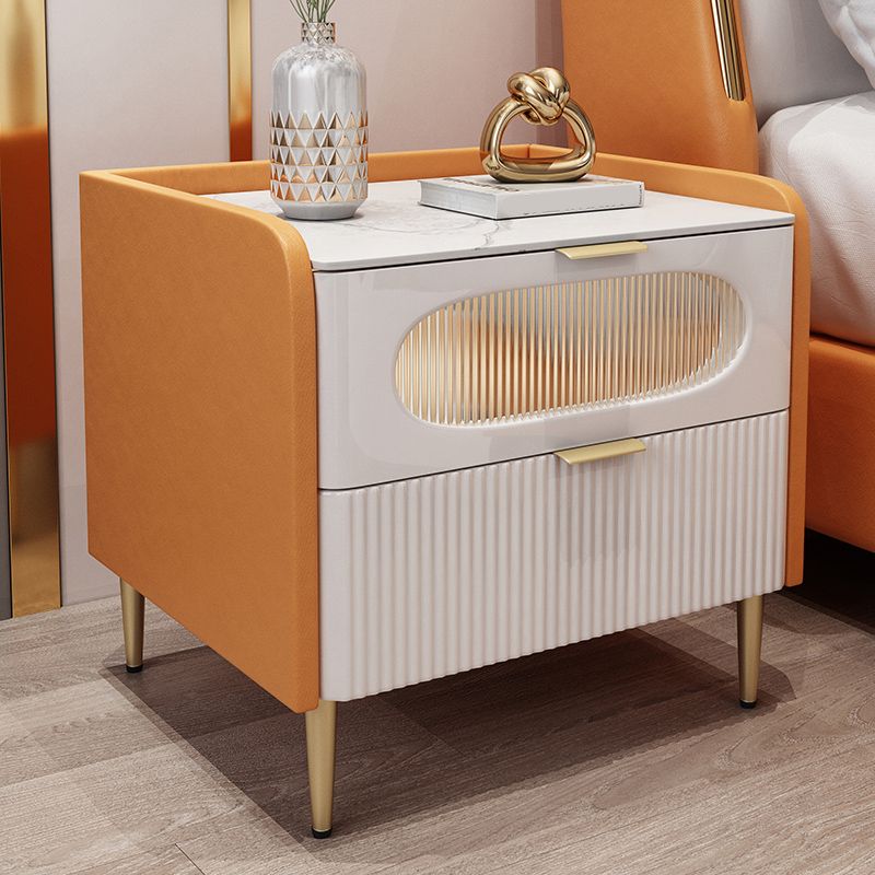 2-Drawer Accent Table Nightstand 18.5" Tall Stone/Glass Nightstand