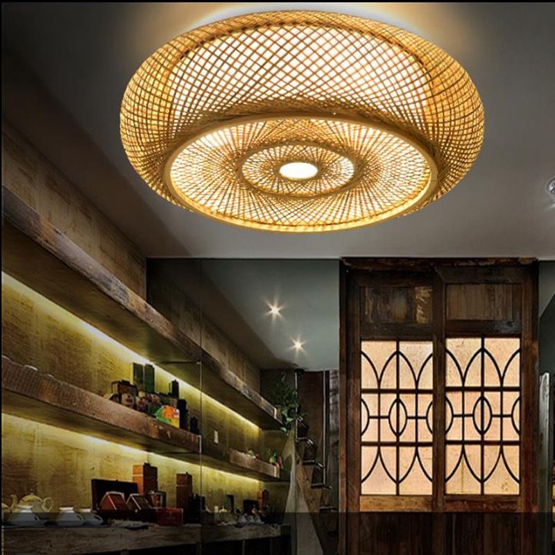 Modern Flush Mount Ceiling Light Beige Drum Close to Ceiling Fixture with Bamboo Shade
